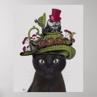 Zwarte kat met theepot en kippen