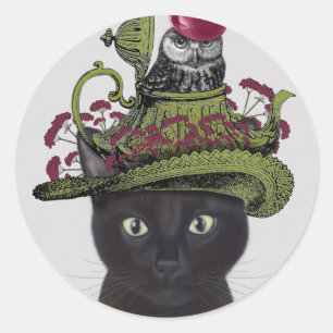 Zwarte kat met theepot en kippen ronde sticker