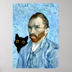 Zwarte kat met Van Gogh Portret Poster