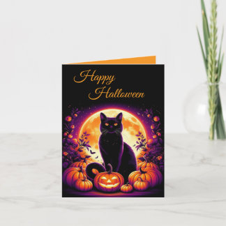 Zwarte Kat met Volle Maan Halloween Wenskaart Feestdagen Kaart