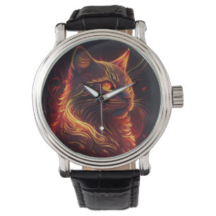Zwarte kat met vuurrood en gouden aura horloge