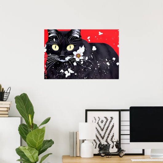Zwarte kat met witte bloemen rode achtergrond poster (Thuiskantoor)