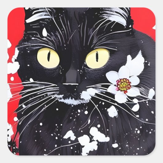Zwarte kat met witte bloemen rode achtergrond vierkante sticker (Voorkant)