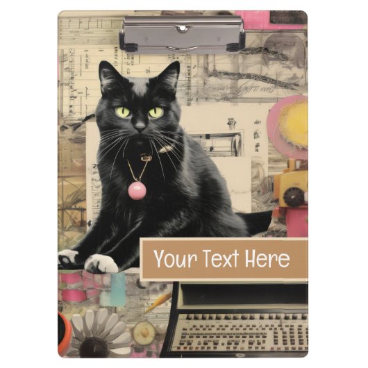 Zwarte kat met witte poten collage klembord (Voorkant)