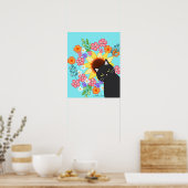 Zwarte kat met zonnebloem heldere kleurrijke kat a poster (Keuken)