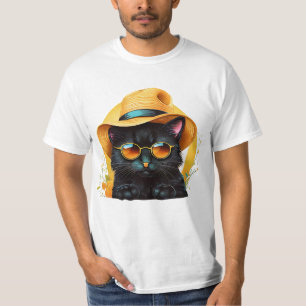 Zwarte kat met zonnebril en pet, grappige kat t-shirt