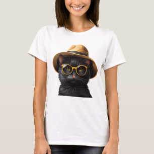 Zwarte kat met zonnebril en pet, grappige kat t-shirt