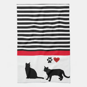 Zwarte kat met zwart-wit gestreepte decoratie theedoek