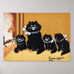 Zwarte Kat Moeder en Kind, Louis Wain Poster