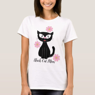 Zwarte Kat Moeder met Mooie Roze Bloemen Kat Liefh T-shirt