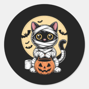 Zwarte Kat Mumie Mannen Vrouwen Kinderen Halloween Ronde Sticker