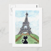 Zwarte kat Noir Chat Kijken naar Eiffeltoren Kunst Briefkaart (Voorkant / Achterkant)