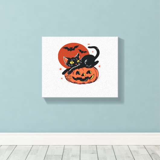 Zwarte kat, nostalgisch Halloween Classic T-shirt Canvas Afdruk (Insitu (Houten vloer))