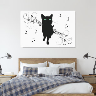 Zwarte kat omringd door fluisterende muzieknoten canvas afdruk