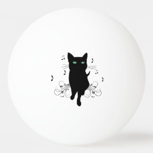 Zwarte kat omringd door fluisterende muzieknoten pingpongballen