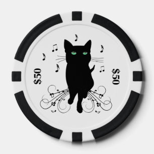 Zwarte kat omringd door fluisterende muzieknoten poker chips