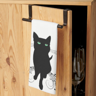 Zwarte kat omringd door fluisterende muzieknoten theedoek