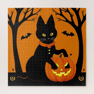Zwarte kat omringd door Jack-o'-Lanterns op Hallow Legpuzzel