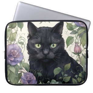 ZWARTE KAT OMRINGD DOOR PLANTEN EN BLOEMEN LAPTOP SLEEVE