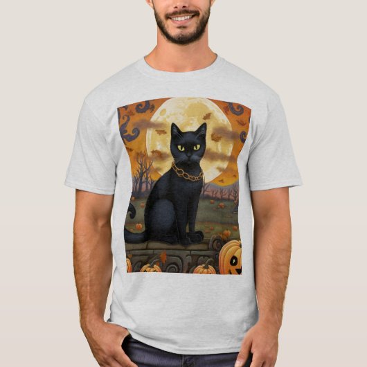 Zwarte kat onder een oogstmaan en pompoenen t-shirt (Voorkant)