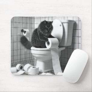 Zwarte kat ontrafelt een rol toiletpapier muismat