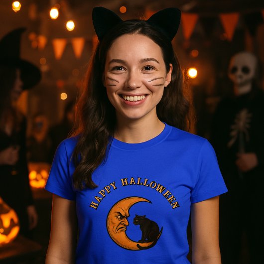 Zwarte kat op Angry Crescent Moon Halloween T-shirt