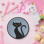 Zwarte kat op blauw papieren bordje (Feest)