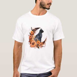 Zwarte Kat Op Bloemen Maan Pompoen Zwarte Kat Hall T-shirt
