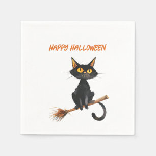 Zwarte kat op de bezem van een heks Happy Hallowee Servet
