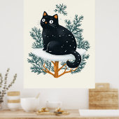 Zwarte kat op de kerstboom poster (Keuken)