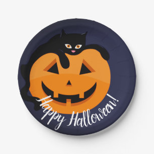 Zwarte kat op de Moon Halloween Papieren Bordje