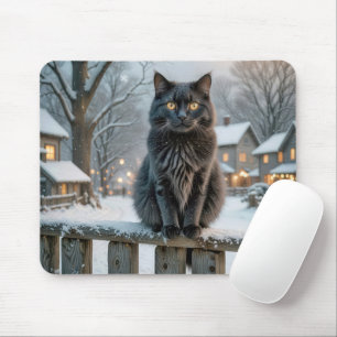 Zwarte kat op een besneeuwd hek muismat