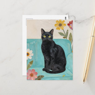 Zwarte Kat op een Blauwe Bank Briefkaart