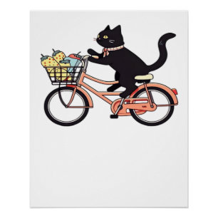 Zwarte Kat op een Fiets Zwarte Kat Kunst Klassiek Perfect Poster