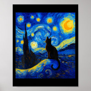 Zwarte kat op een Sterrennacht - Kattenliefhebber Poster