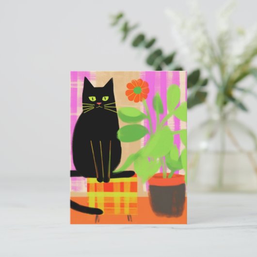 Zwarte kat op geruite stoel bloemschilderij briefkaart (Staand voorkant)