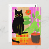 Zwarte kat op geruite stoel bloemschilderij briefkaart (Voorkant / Achterkant)