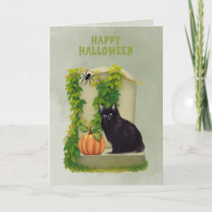 Zwarte Kat op Graf Gelukkig Halloween Kaart