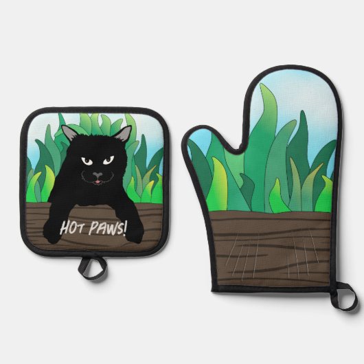 Zwarte kat op hek Oven Mitt & Pot Holder Set (Voorkant)