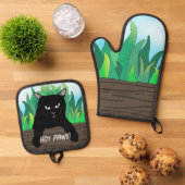 Zwarte kat op hek Oven Mitt & Pot Holder Set (Top down)