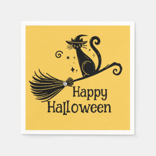 Zwarte Kat op Heksenbezem Halloween Servet