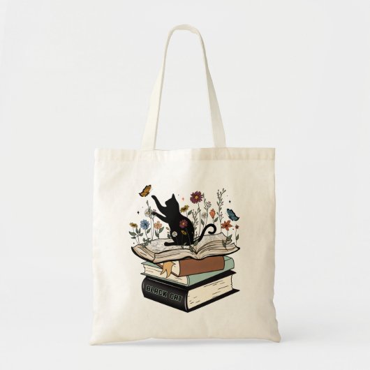 Zwarte kat op het boek Funny Cat Tote Bag (Voorkant)