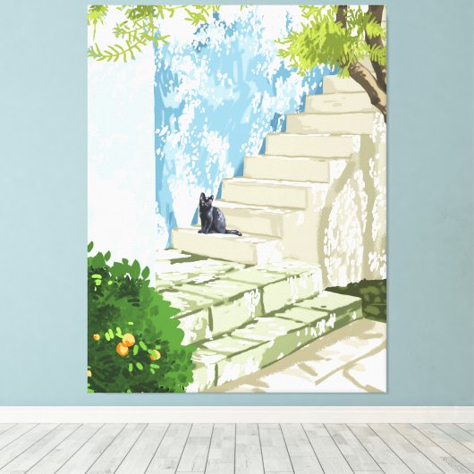 Zwarte kat op het Poster, Griekenland Santorini Canvas Afdruk (Insitu (Houten vloer))