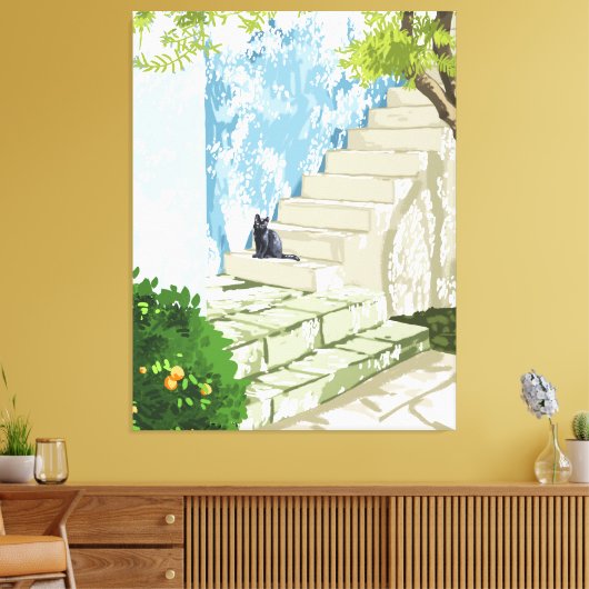 Zwarte kat op het Poster, Griekenland Santorini Canvas Afdruk (Insitu (Woonkamer))