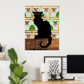 Zwarte kat op Japans wandpapier Poster (Thuiskantoor)
