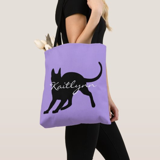 Zwarte kat op lavender tote bag (Dichtbij)