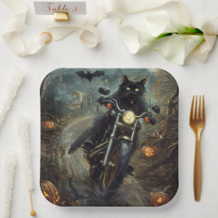 Zwarte Kat op Motorfiets Halloween Griezelen Papieren Bordje