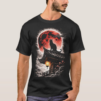 Zwarte kat op pagodedak, rode maan - Japanse kunst T-shirt