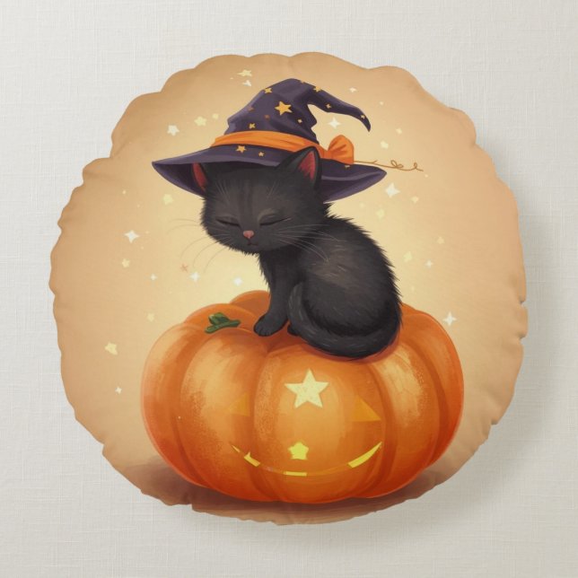 Zwarte kat op pompoen Halloween rond kussen (Voorkant)