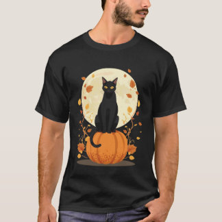 Zwarte Kat op Pompoen Herfst Halloween Ontwerp voo T-shirt